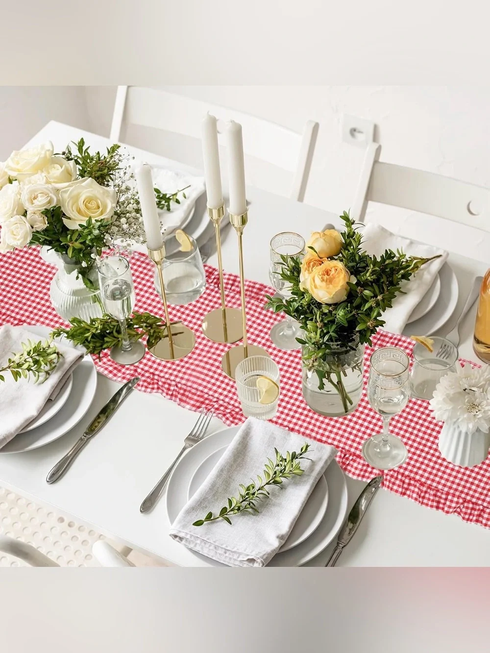 Gingham Ruffle  Red White Plaid Rustic Ruffled Edge Table Runner 118 x 13 inches